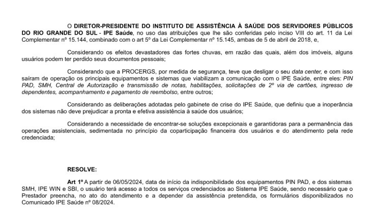 SOS RS: Militares da ativa e inativos, atenção às medidas temporárias referentes ao IPE Saúde